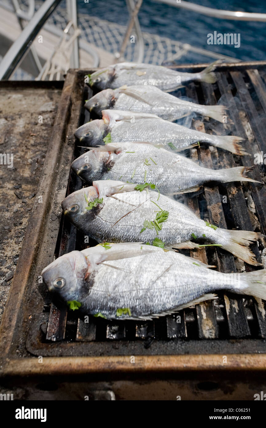 Cuisson du poisson sur un barbecue sur le pont d'un bateau en Turquie Banque D'Images