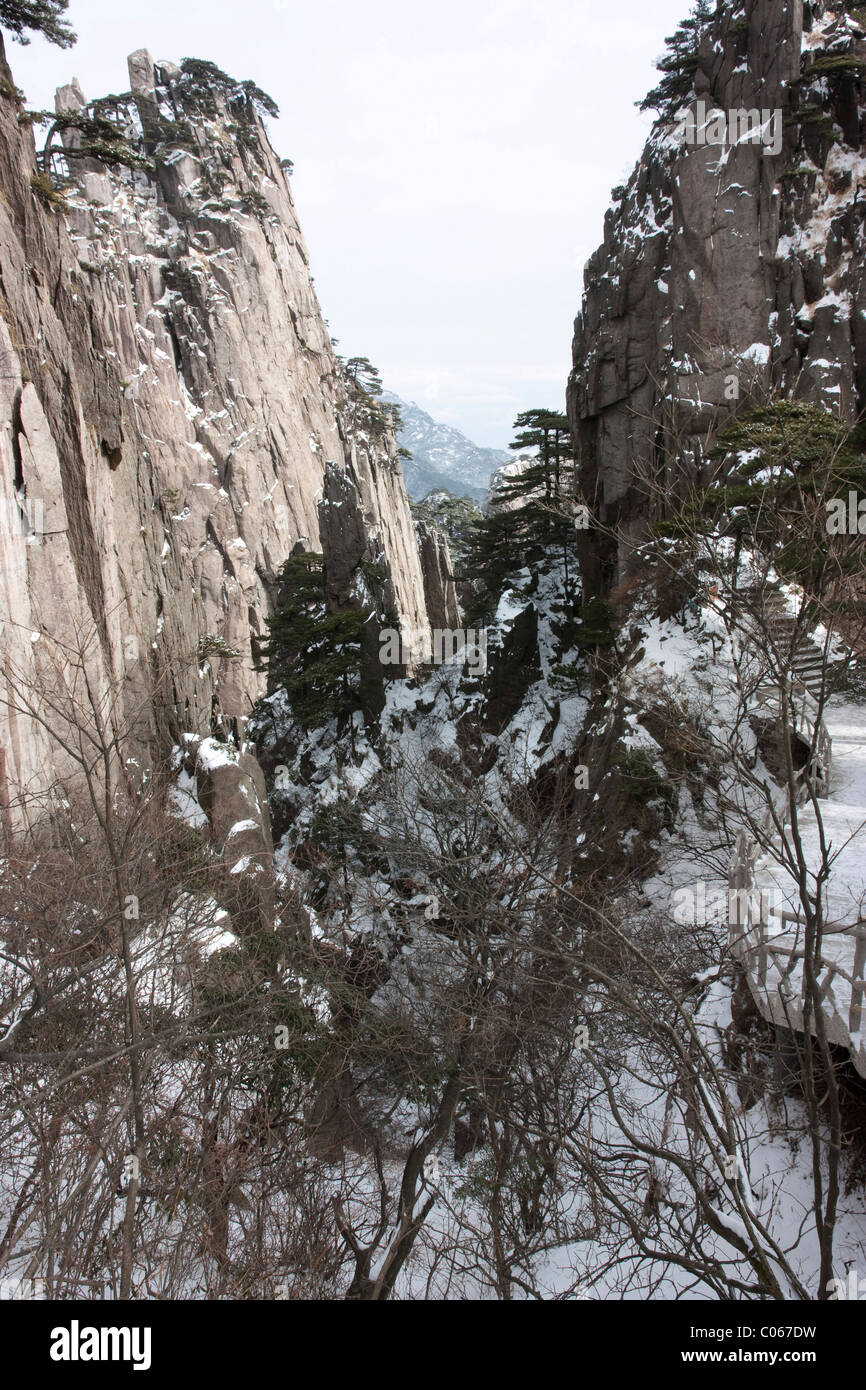 Vue imprenable sur la montagne Huangshan en hiver après une tempête de neige lorsque la neige a fondu Banque D'Images