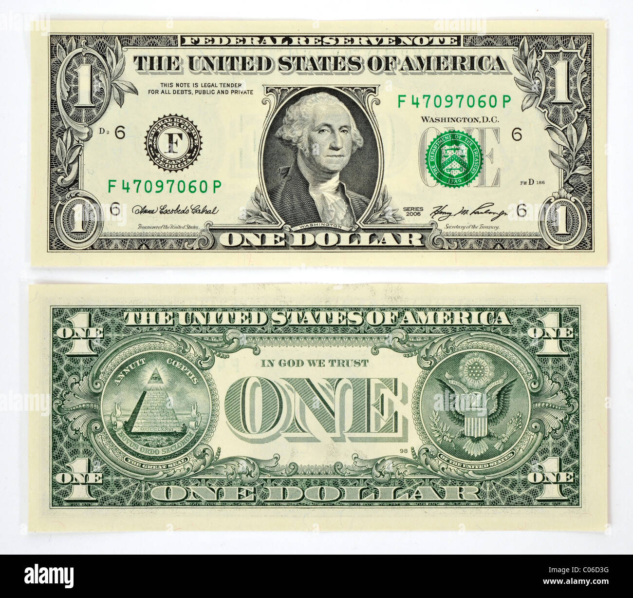 Billet de 1 dollar américain, avant et arrière Banque D'Images