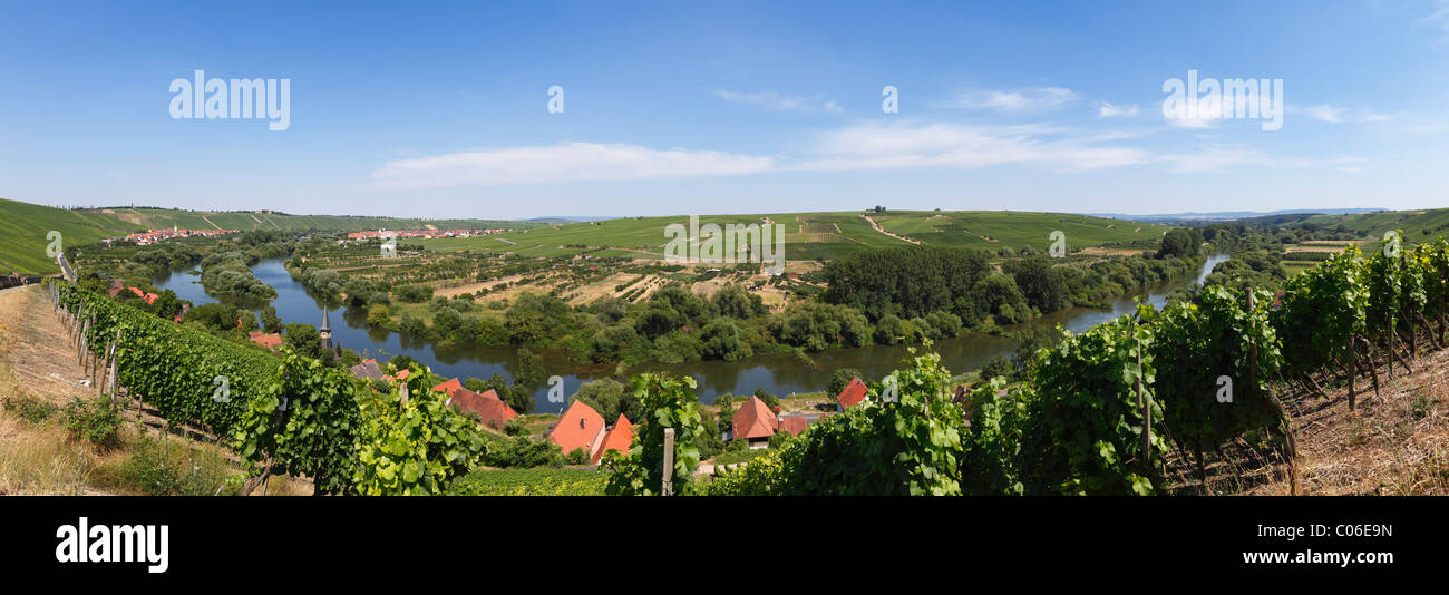 Old Main River, vue sur les villages de Koehler, Escherndorf, gauche, et Baumholder, Mainschleife, boucle dans la rivière principale Banque D'Images