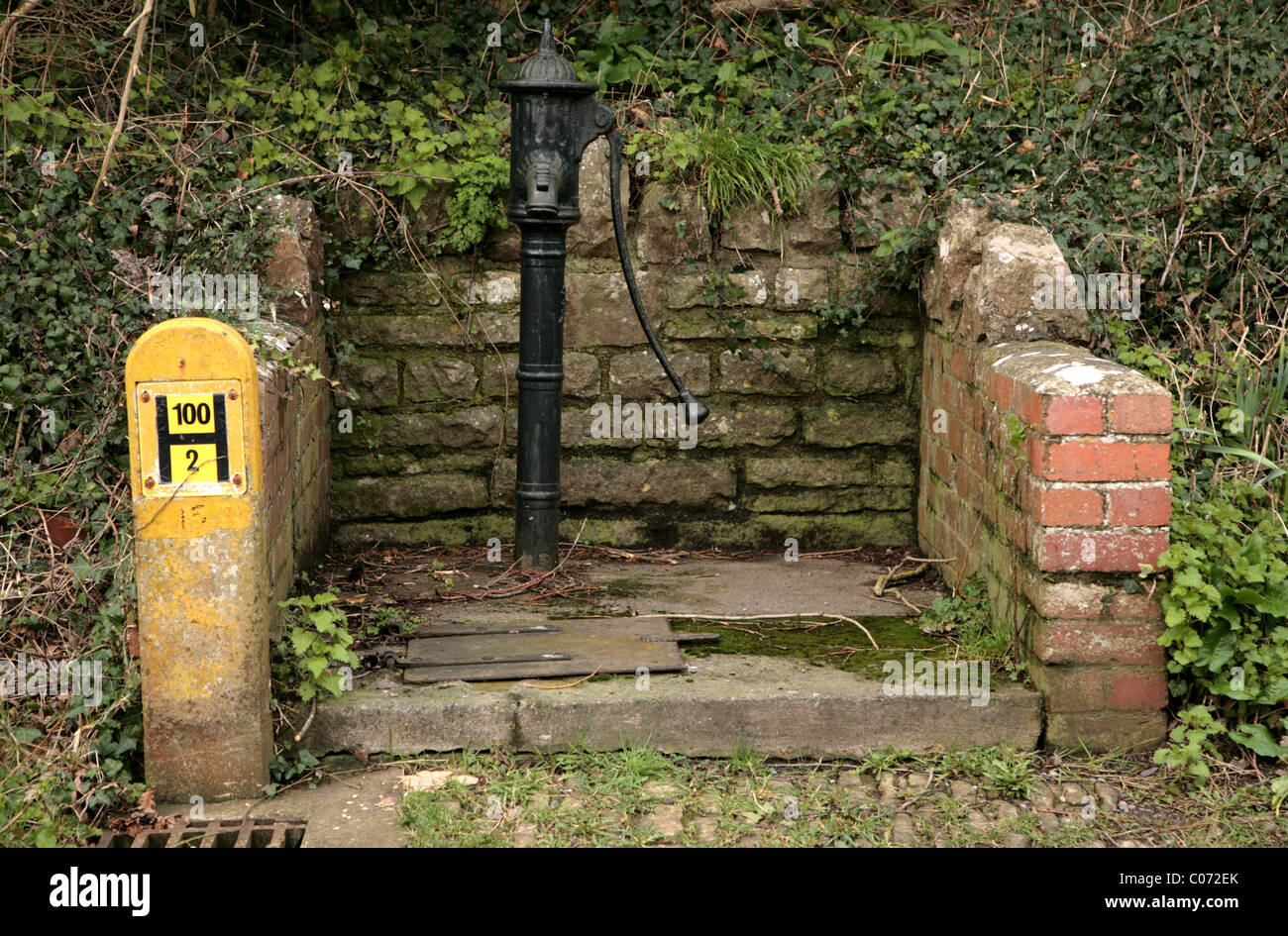 La juxtaposition de l'approvisionnement en eau. Vieille fonte pompe à main à côté d'un poste d'incendie jaune Banque D'Images