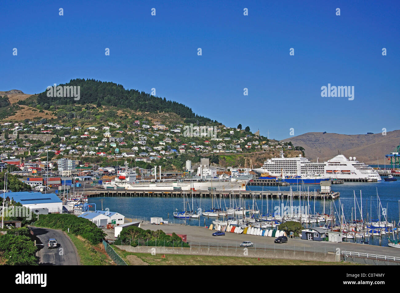 Vue sur port, Lyttelton Lyttelton Harbour, banque, péninsule, Canterbury, île du Sud, Nouvelle-Zélande Banque D'Images