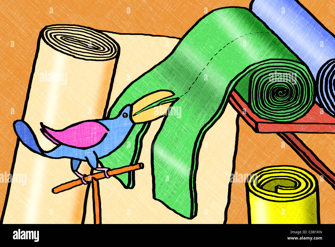 Cartoon couturière toucan de couper le tissu avec son gros bec Banque D'Images