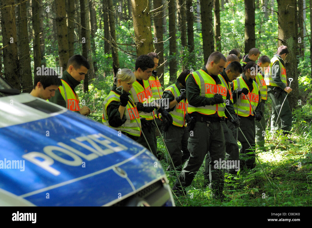 Cas d'enlèvement Boegerl Maria, l'équipe de recherche de la police près de Woodlands à récurer l'emplacement où un corps a été retrouvé dans une forêt Banque D'Images