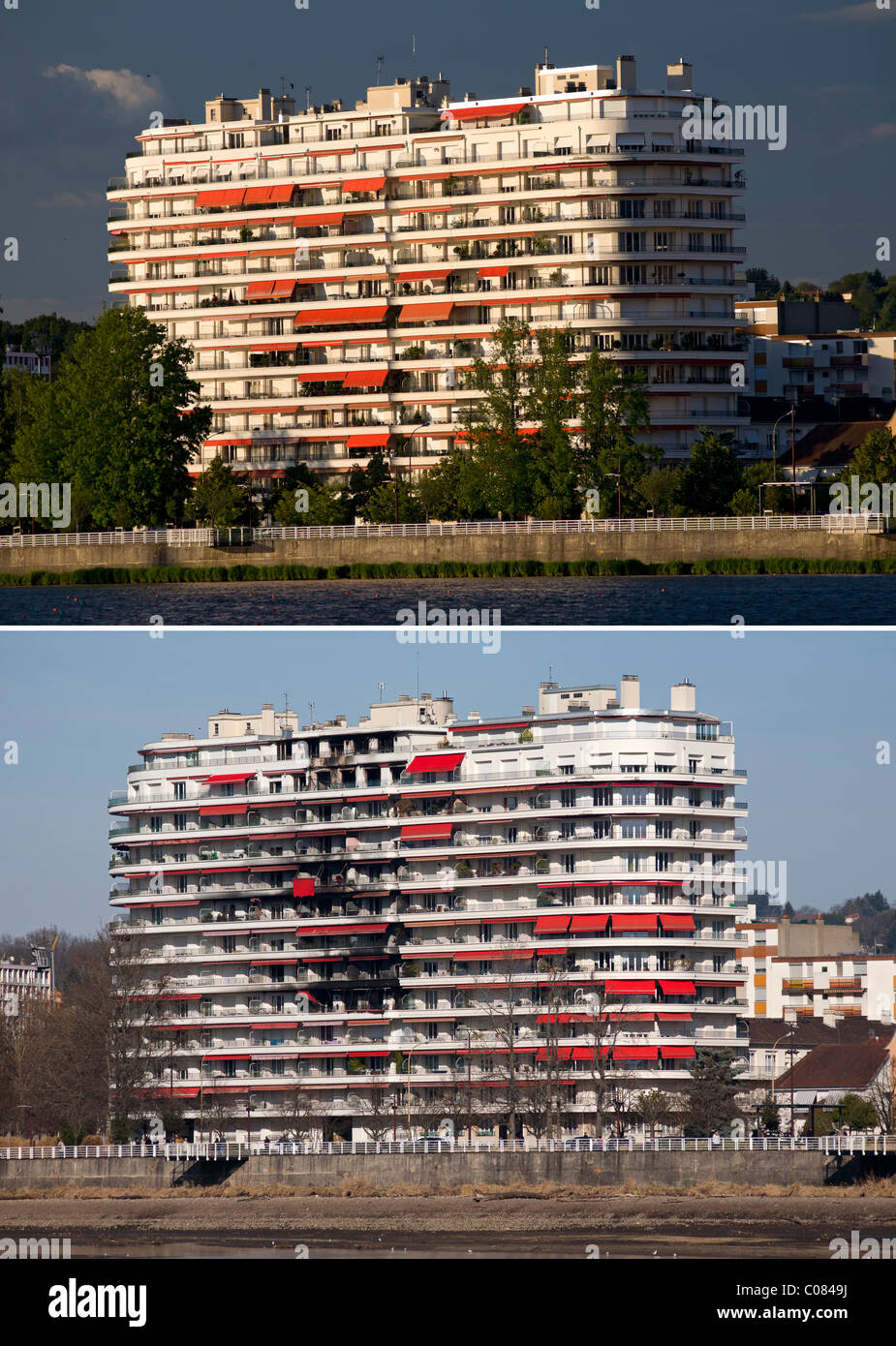 Vues, avant et après un incendie, d'un bloc d'appartements à Vichy (France). Vues, d'avant et après incendie, d'un immeuble à Vichy. Banque D'Images