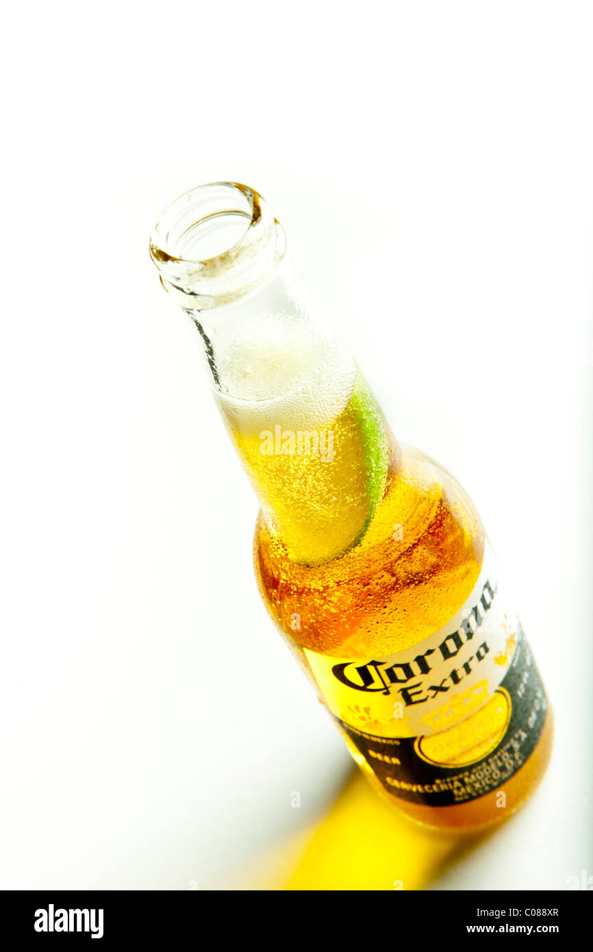 Une bouteille de bière Corona avec une tranche de citron vert sur un fond blanc. Banque D'Images