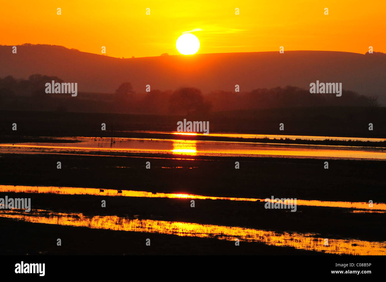 Le coucher du soleil, Pulborough Brooks Banque D'Images