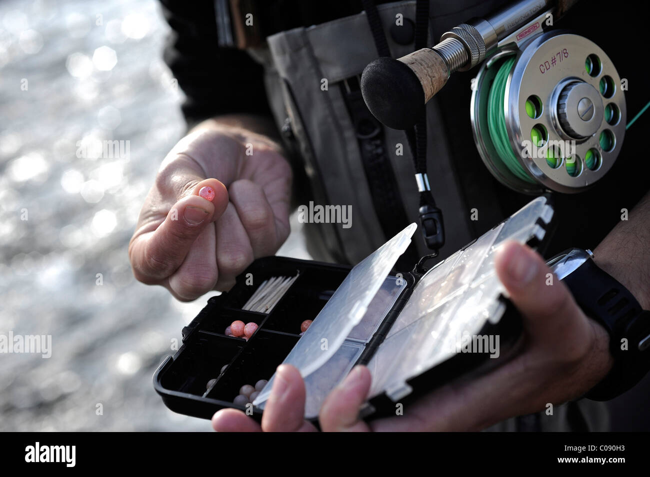 Close up of a fly fisherman holding a de Deep Creek, péninsule de Kenai, Southcentral Alaska, automne Banque D'Images