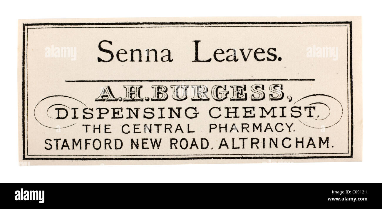 Old vintage pharmacie étiquette pour les feuilles de séné d'une H Burgess, de Altrincham. Seulement ÉDITORIALE Banque D'Images