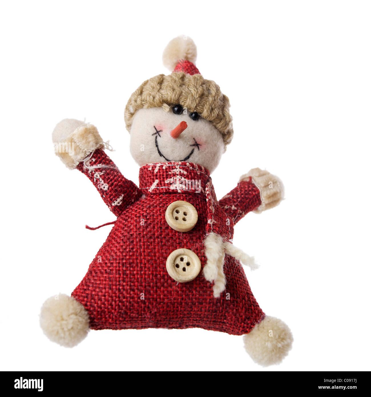 Charmante décoration de bonhomme de neige de vacances avec un chapeau tricoté et une tenue festive dans des couleurs vives Banque D'Images