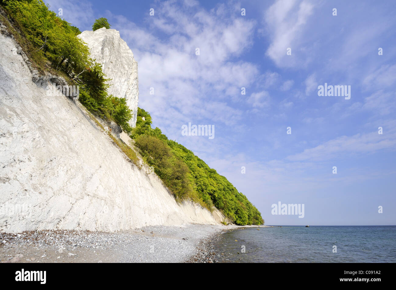 Plage de gravier et de la célèbre falaise de craie Koenigsstuhl sur la mer Baltique, Nationalpark Parc national de Jasmund, Ruegen island Banque D'Images