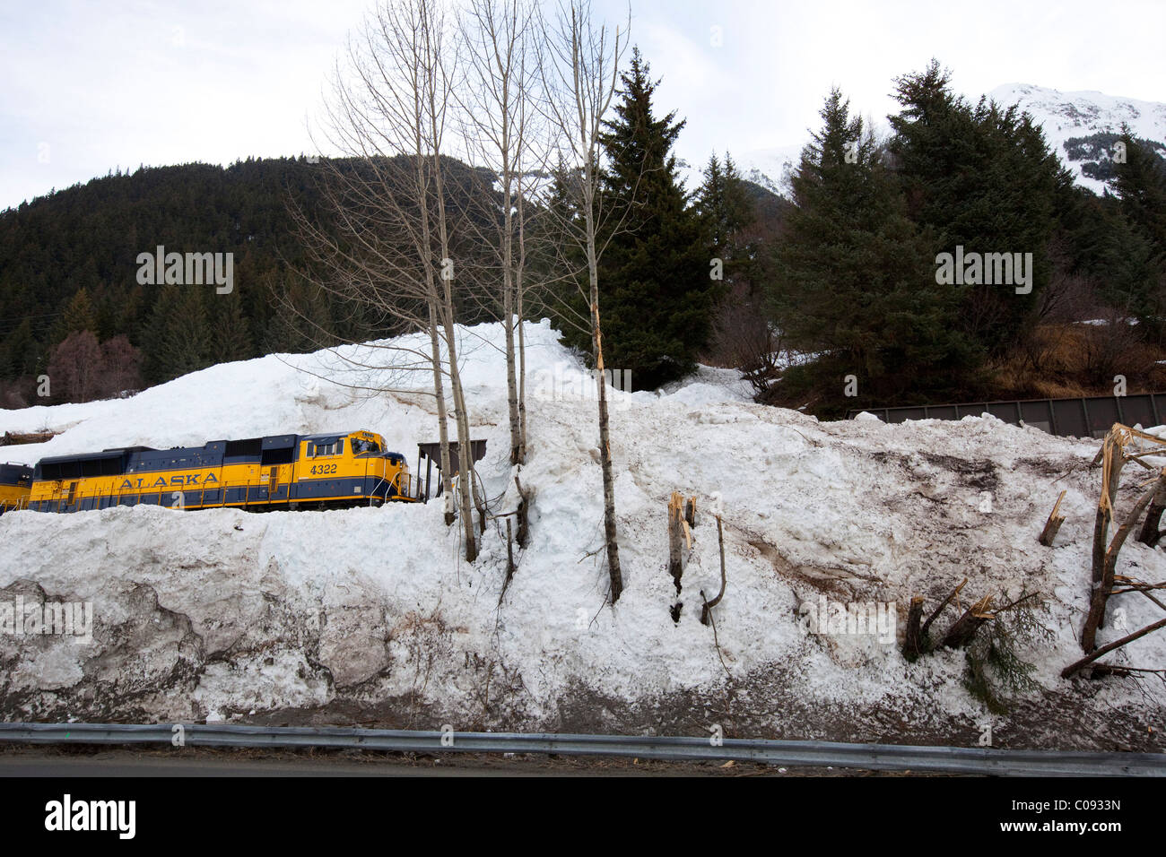 Alaska Railroad un train passe à travers une zone qui a été récemment frappé par une avalanche, Southcentral Alaska, Winter Banque D'Images