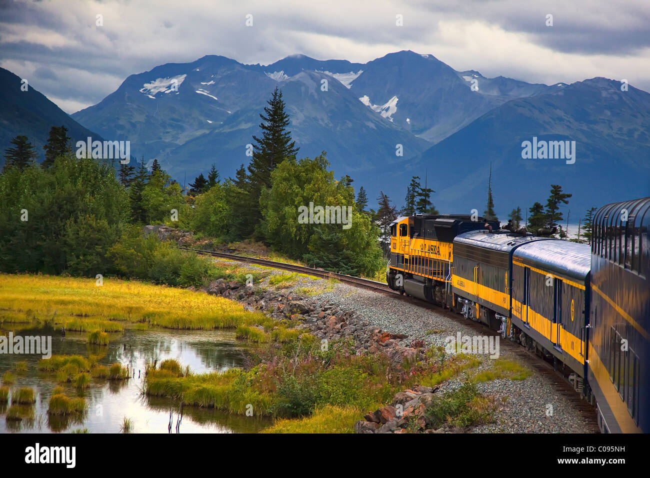 Vue de l'Alaska Railroad train circulant entre Anchorage et Seward le long de Turnagain Arm dans le sud de l'Alaska, l'été Banque D'Images