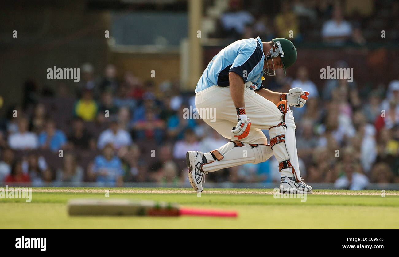 Matthew Hayden perd son bat et son guichet au cours de l'Australie's Big Bash Cricket collecteur de fonds. Banque D'Images