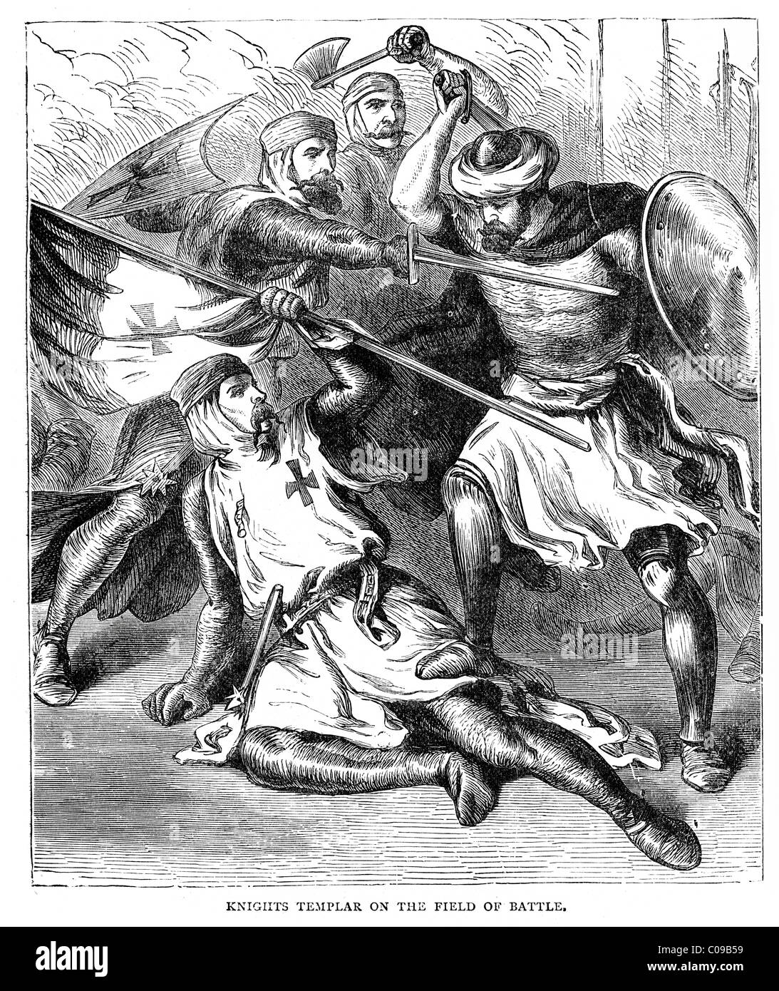Gravure d'époque montrant templiers combats durant les Croisades Banque D'Images