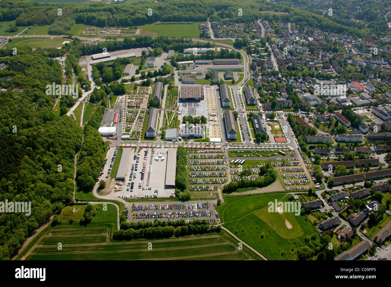 Vue aérienne, Landesgartenschau Exposition Jardin Pays Hemer, Maerkischer Kreis district, région du Sauerland Banque D'Images
