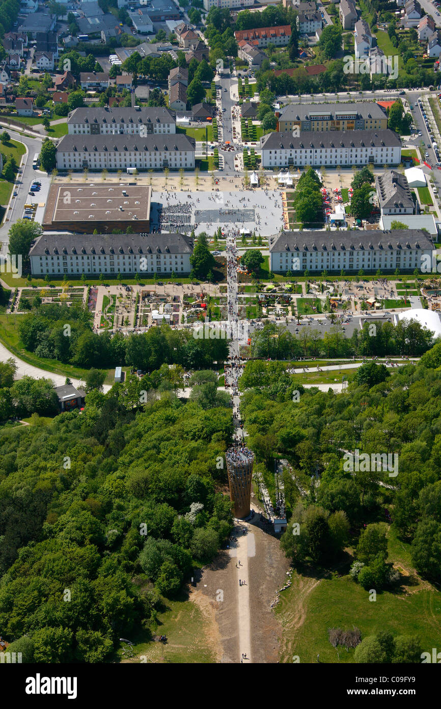 Vue aérienne, Juebergturm tour d'observation, de l''Exposition Pays Landesgartenschau Hemer, Maerkischer Kreis district Banque D'Images