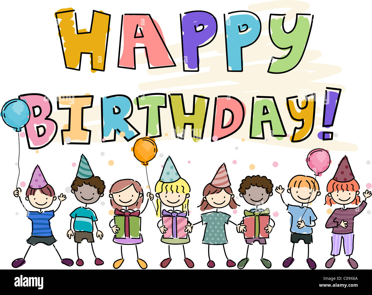 Illustration d'un Doodle d'anniversaire pour les enfants avec des ballons et Holding Gifts Banque D'Images