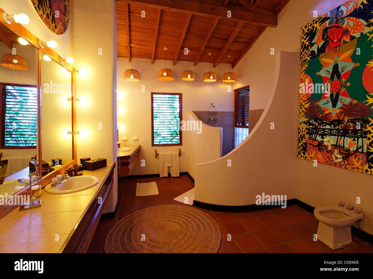 Salle de bains avec douche et d'illustrations originales de Claude Sandoz, Luxury Hotel Anse Chastanet Resort, LCA, Sainte-Lucie, Saint Lucia Banque D'Images