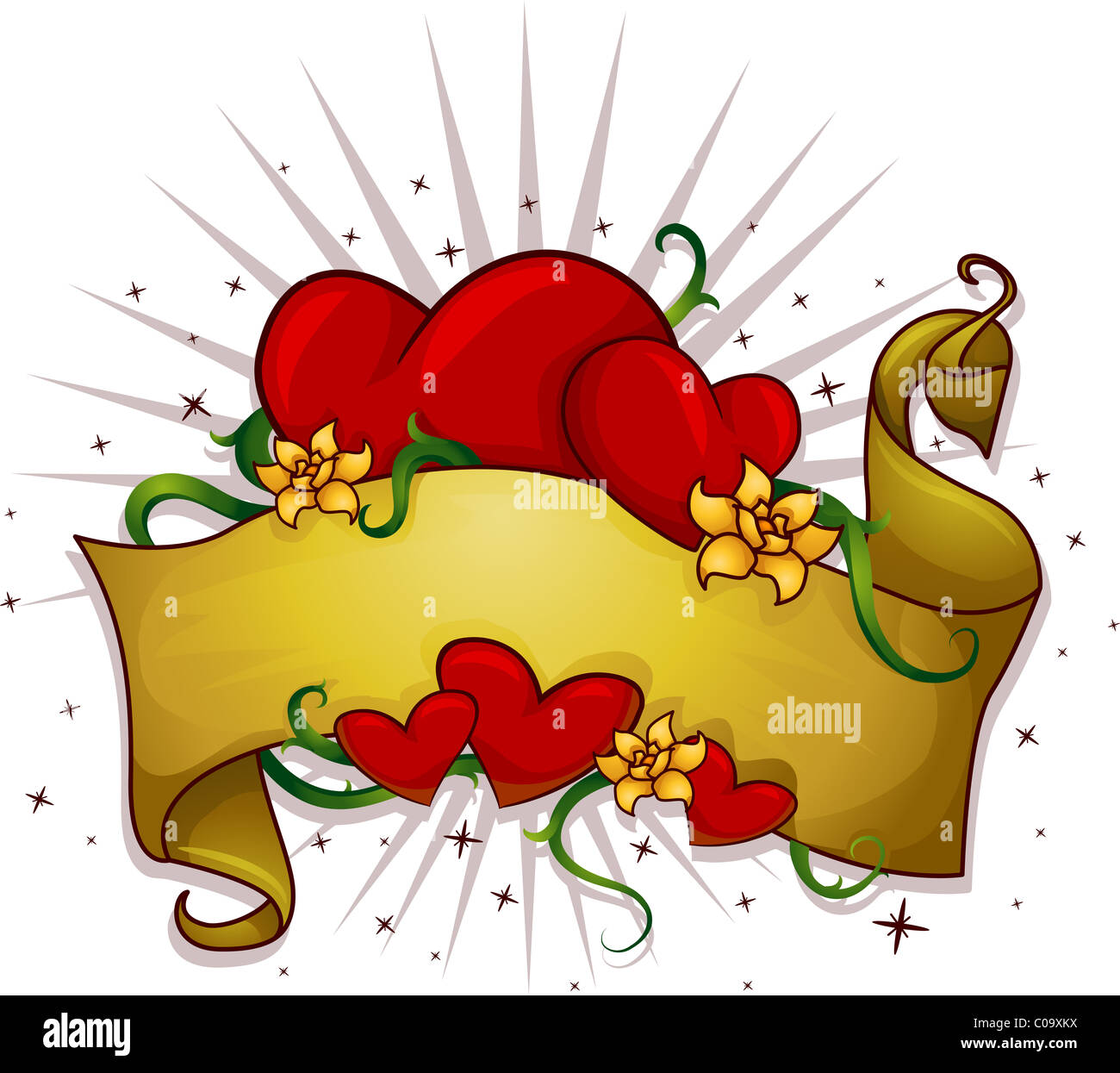 Illustration de coeurs avec un ruban d'or à l'avant Banque D'Images