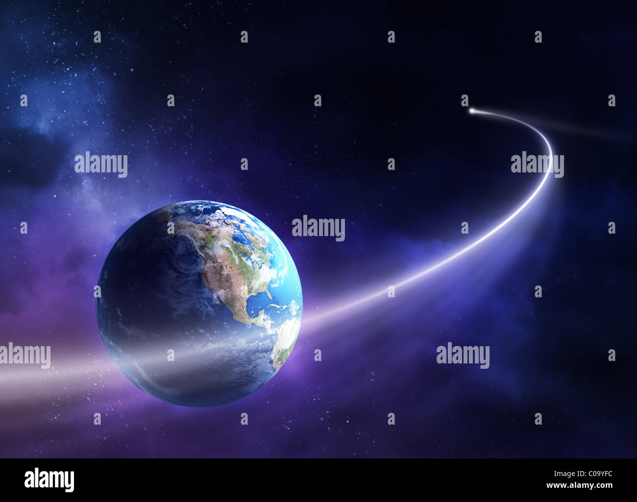Comète en passant en face de la planète terre (carte uv pour 3D render d http://visibleearth.nasa.gov) Banque D'Images