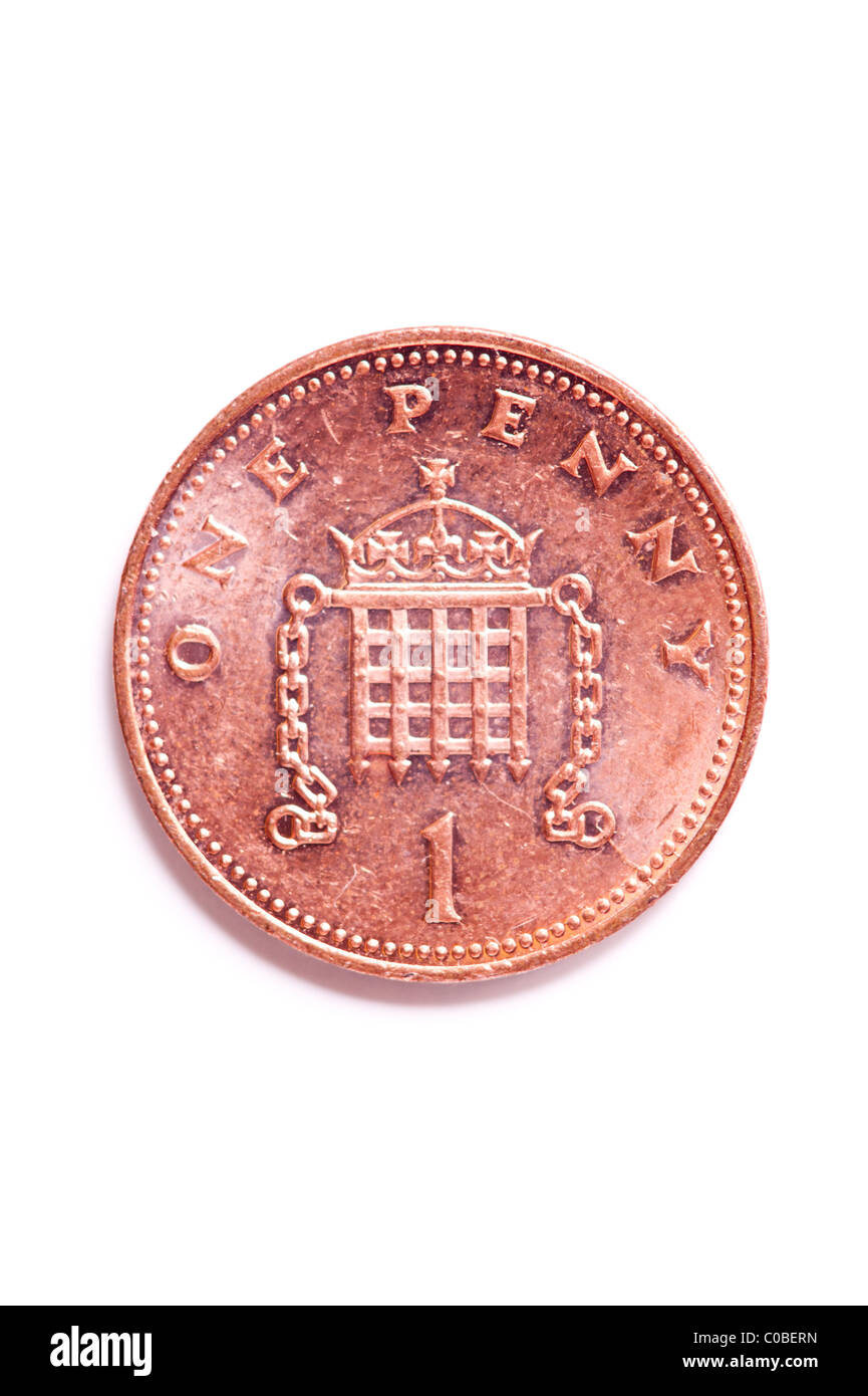 Une pièce de un penny 1p de l'anglais monnaie sur un fond blanc Banque D'Images