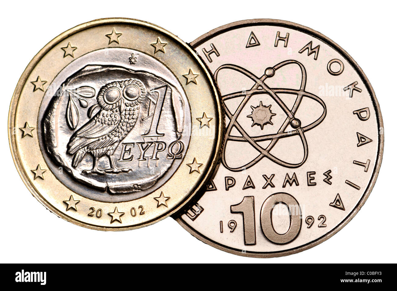 Pièce de 1 Euro grec à partir de 2002 et 10 de 1992 pièces de monnaie Drachme Banque D'Images
