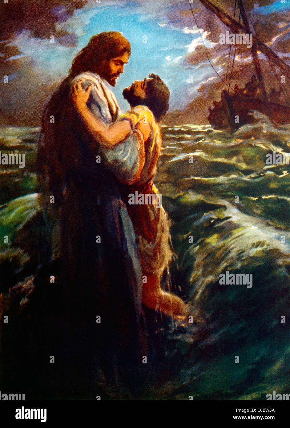 Jésus Sauve Peter alors qu'il faiblit et commence à couler par Henry Peinture Coller Bible Story