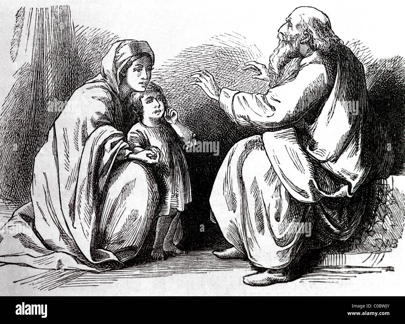 Hannah la mère de Samuel Old donnant son fils au Grand prêtre Eli au Tabernacle Testament et Nevi'im Banque D'Images