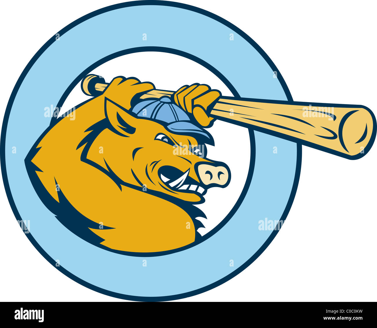 Illustration d'un dessin de Razorback ou cochon sauvage balancer une batte de baseball dans un cercle fermé Banque D'Images Illustration d'un dessin de Razorback ou cochon sauvage balancer une batte de baseball dans un cercle fermé Banque D'Images