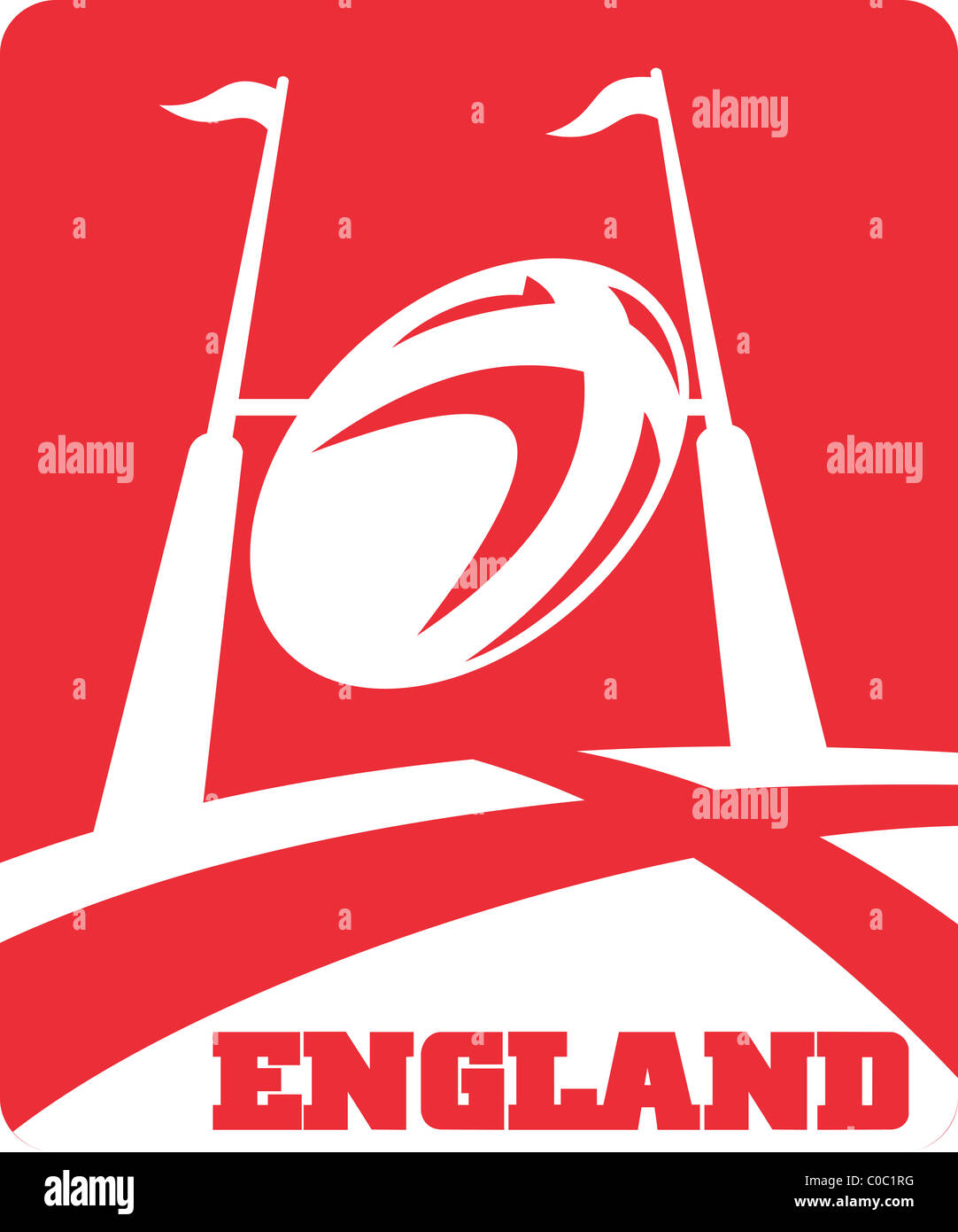 Illustration d'un ballon de rugby volant au-dessus de poteau de but avec des mots l'Angleterre Banque D'Images