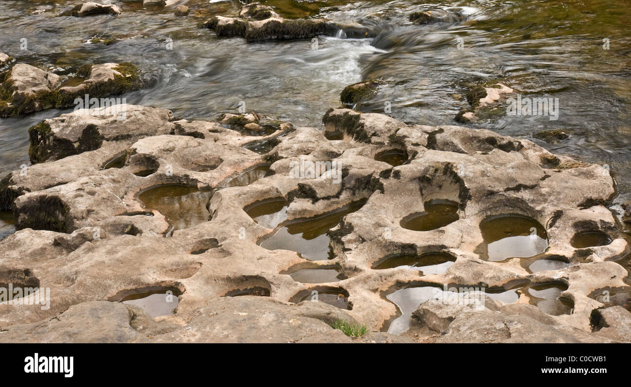 Motif de l'érosion du lit fait par des petits cailloux tourbillonnant autour de la pierre calcaire. Rivière Ure, Aysgarth, UK Banque D'Images
