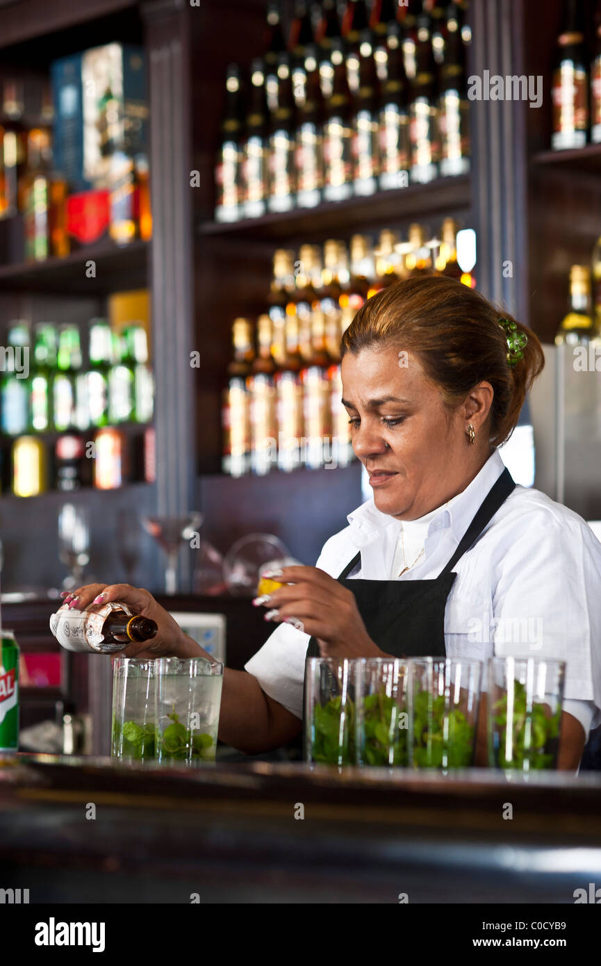 La création de mélange les Mojitos Bar à cocktails Salles de la vieille Havane Cuba Banque D'Images