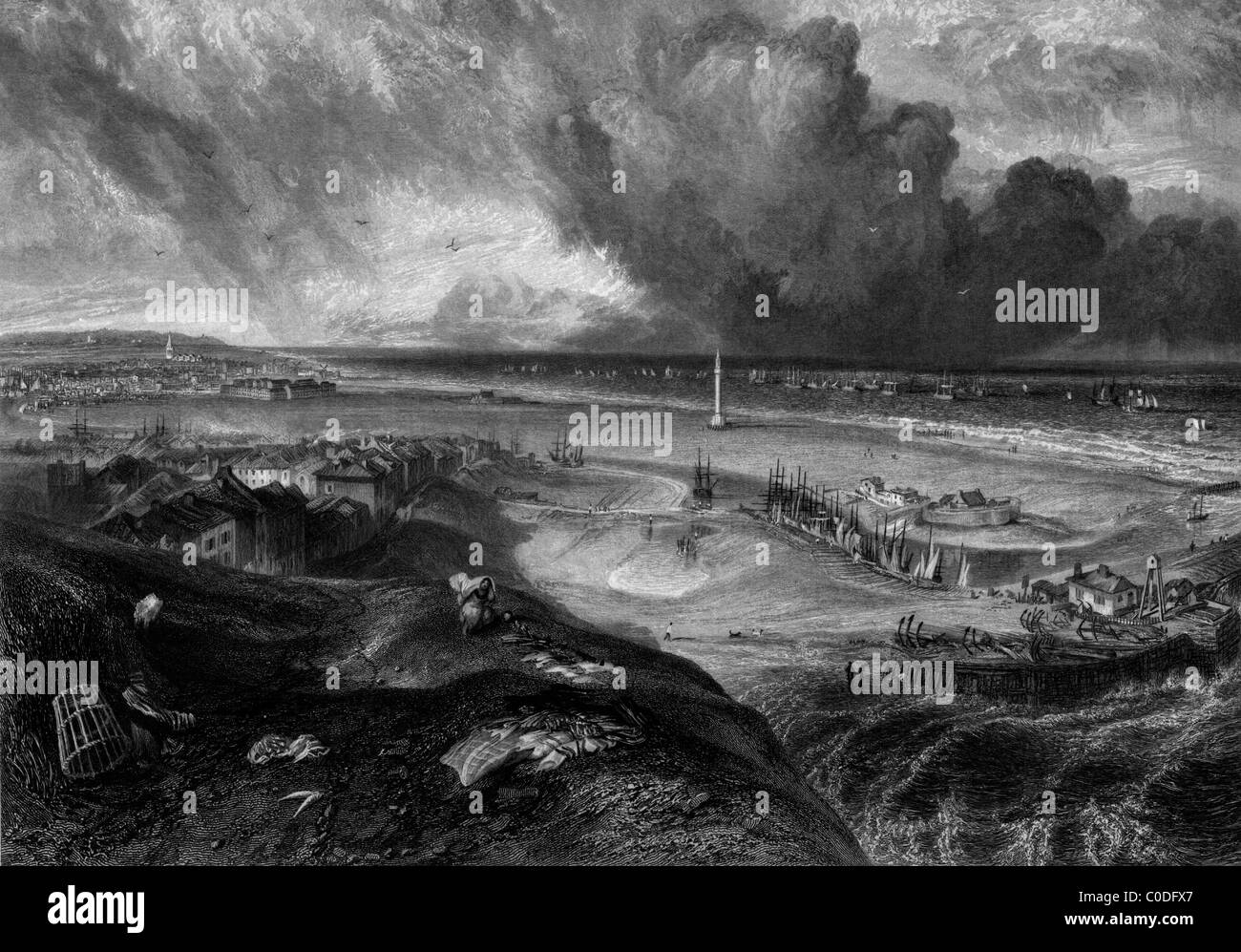 La plage et le port de Great Yarmouth, Norfolk, Angleterre. Gravée par William Miller en 1838, domaine public de droit en vertu de l'âge. Banque D'Images
