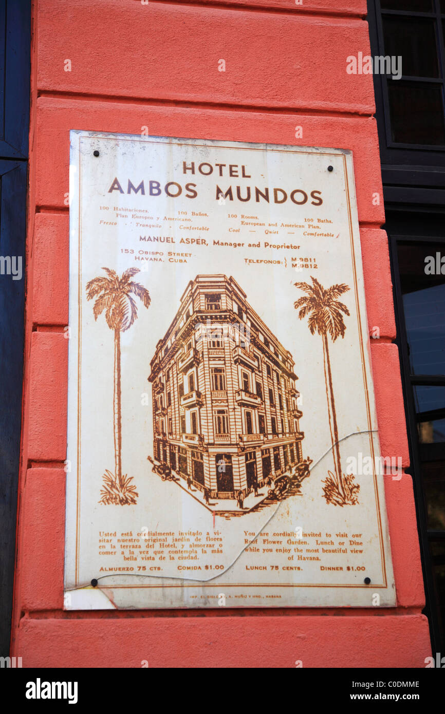 Vieille enseigne pour l'hôtel Ambos Mundos La Havane Cuba Banque D'Images
