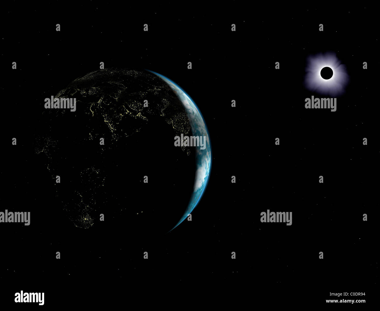 Illustration de la ville d'éclairage sur une terre foncée pendant une éclipse solaire. Banque D'Images