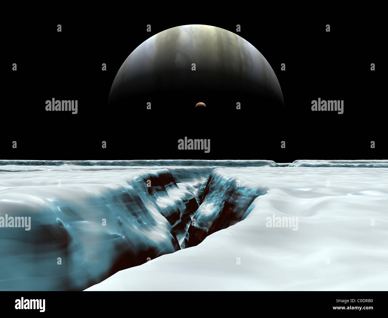 Un croissant de Jupiter et Io, satellite volcanique, passez au-dessus de l'horizon de la lune glacée d'Europa. Banque D'Images