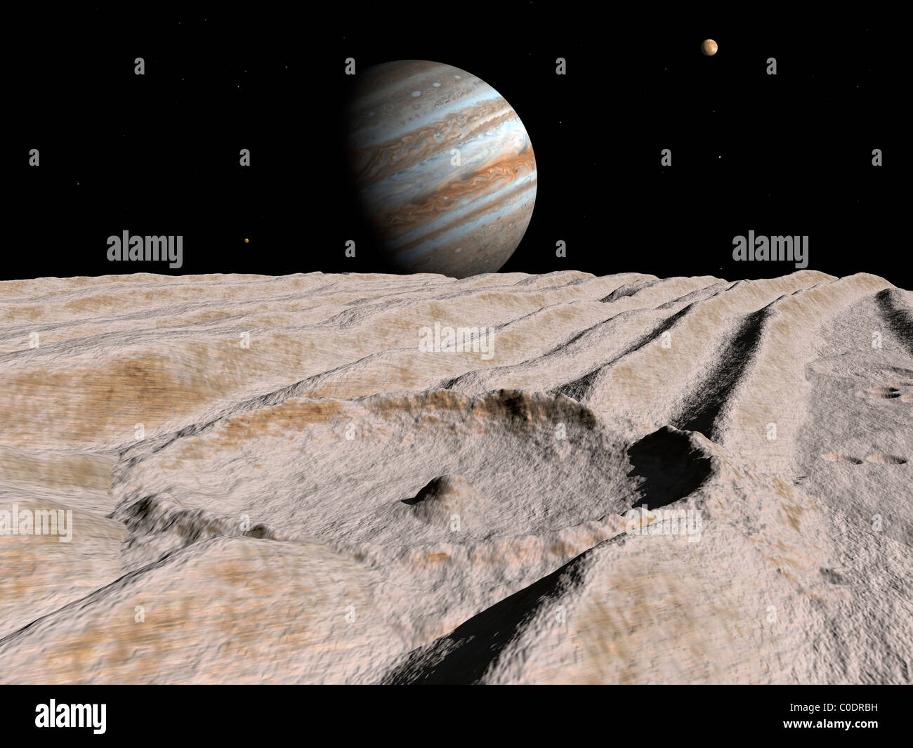 Concept de l'artiste d'un cratère d'impact sur la lune de Jupiter, Ganymède et Jupiter sur l'horizon. Banque D'Images