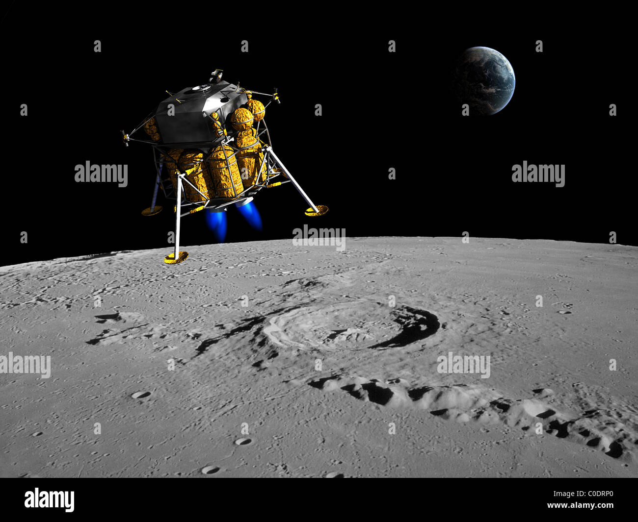 Un atterrisseur lunaire commence sa descente vers la surface de la lune à partir d'une altitude de 40 000 pieds. Banque D'Images