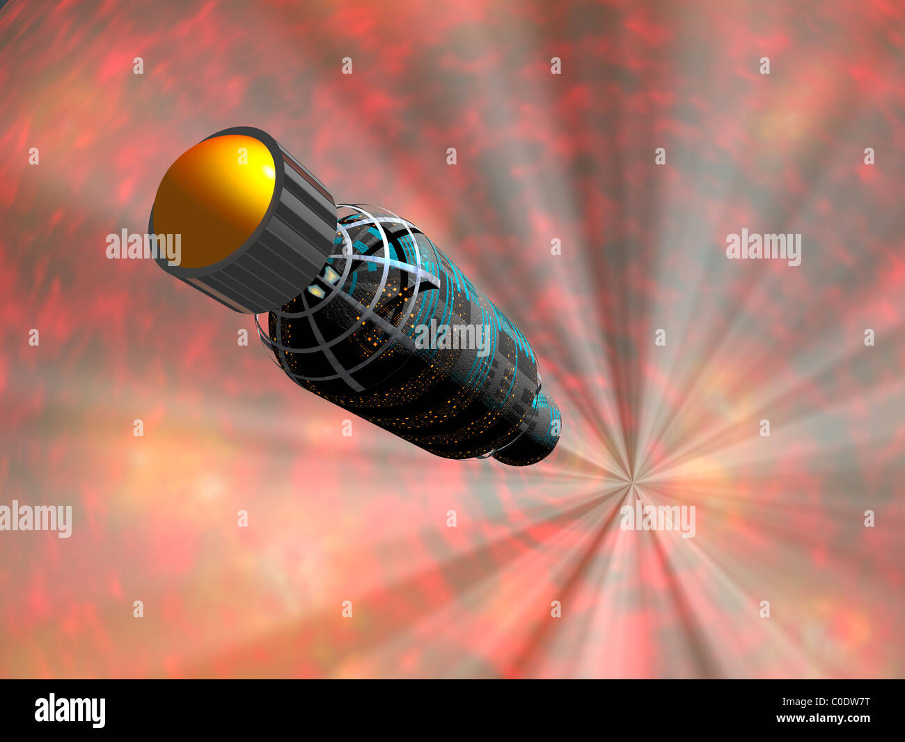 Illustration d'un vaisseau spatial voyageant plus vite que la vitesse de la lumière. Banque D'Images