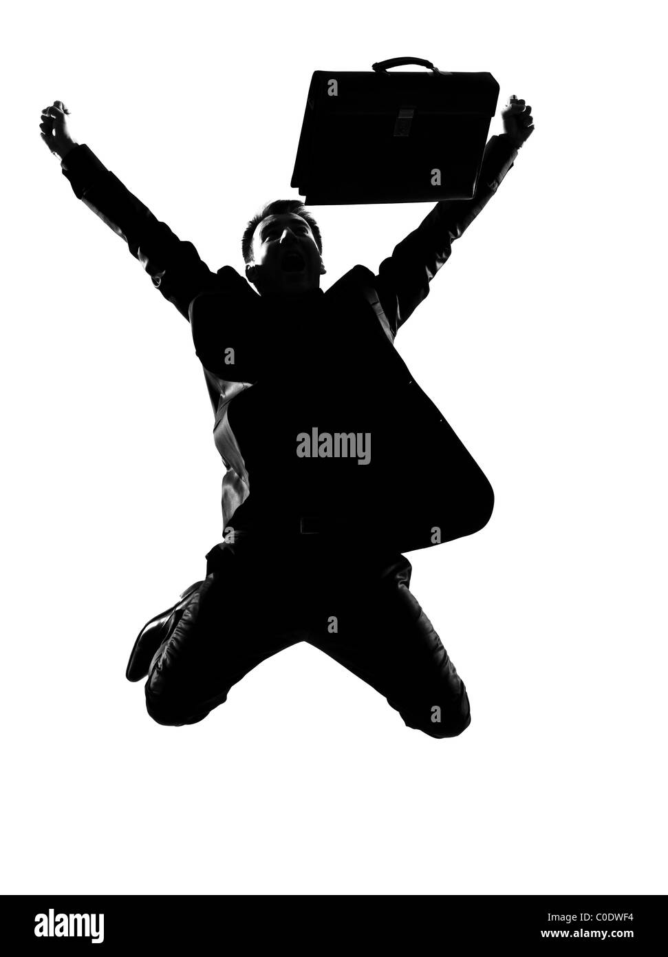 Silhouette caucasian business man exprimant l'énergie gagnant gagnant pleine longueur succès sur studio isolé sur fond blanc Banque D'Images