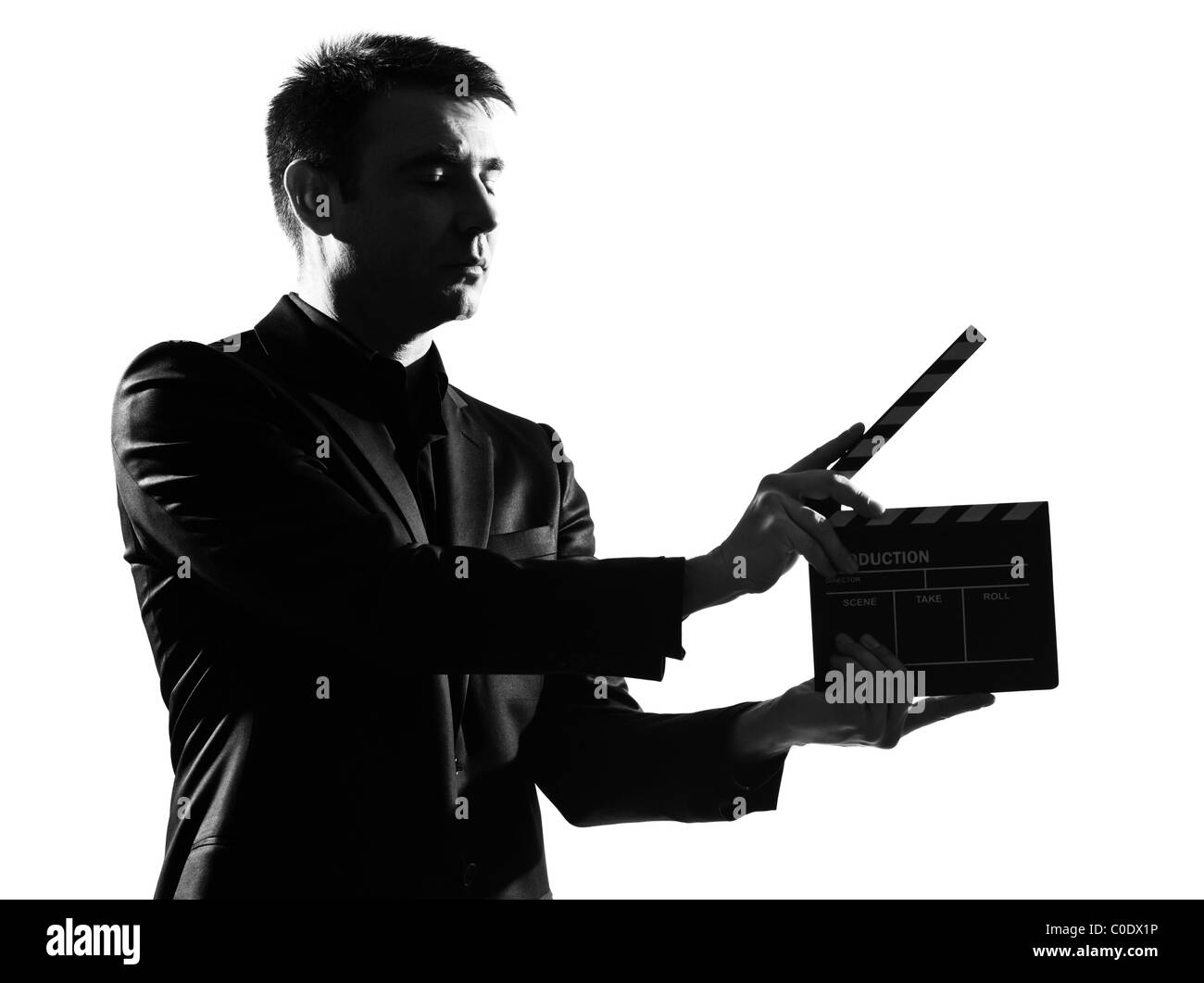Silhouette caucasian business man avec pleine longueur à clin sur studio isolé sur fond blanc Banque D'Images