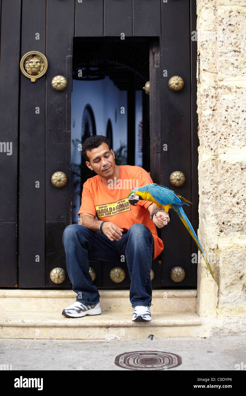 L'homme sur l'étape avec Parrott, Carthagène, Colombie Banque D'Images