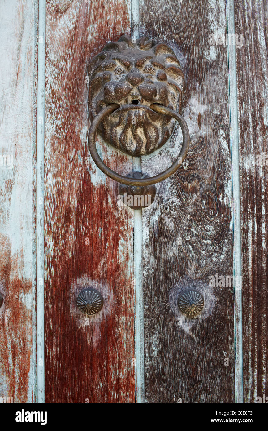 Tête de lion en laiton ancien heurtoir Banque D'Images