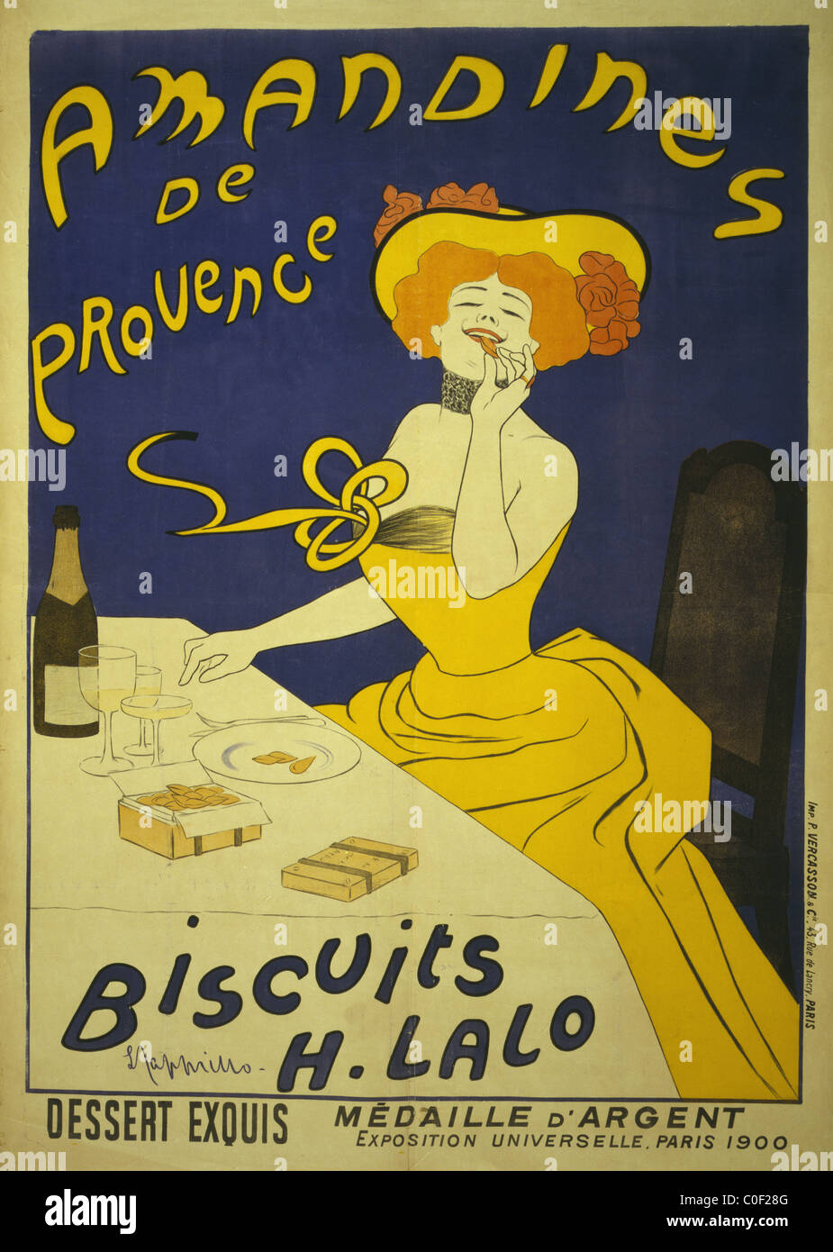 Affiche de 1900 montrant un woman eating biscuits aux amandes dragées Amandine de Provence. Biscuits Banque D'Images