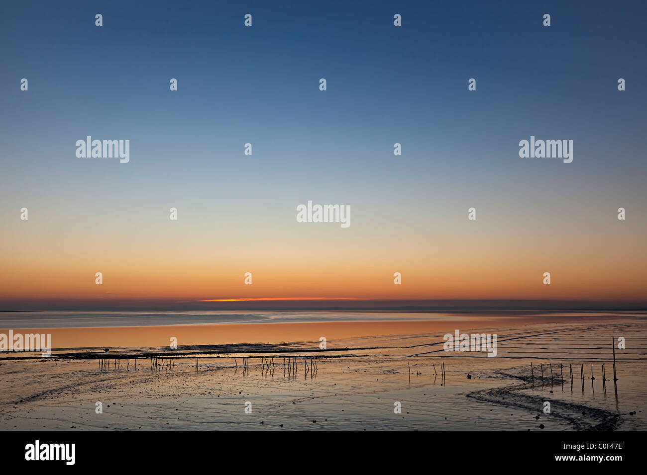 Coucher de soleil sur la plage et les vasières à Goldcliff près de Newport Gwent Wales UK Banque D'Images