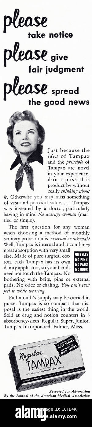 Annonce en 1950, le magazine américain pour TAMPAX tampons sanitaires Banque D'Images