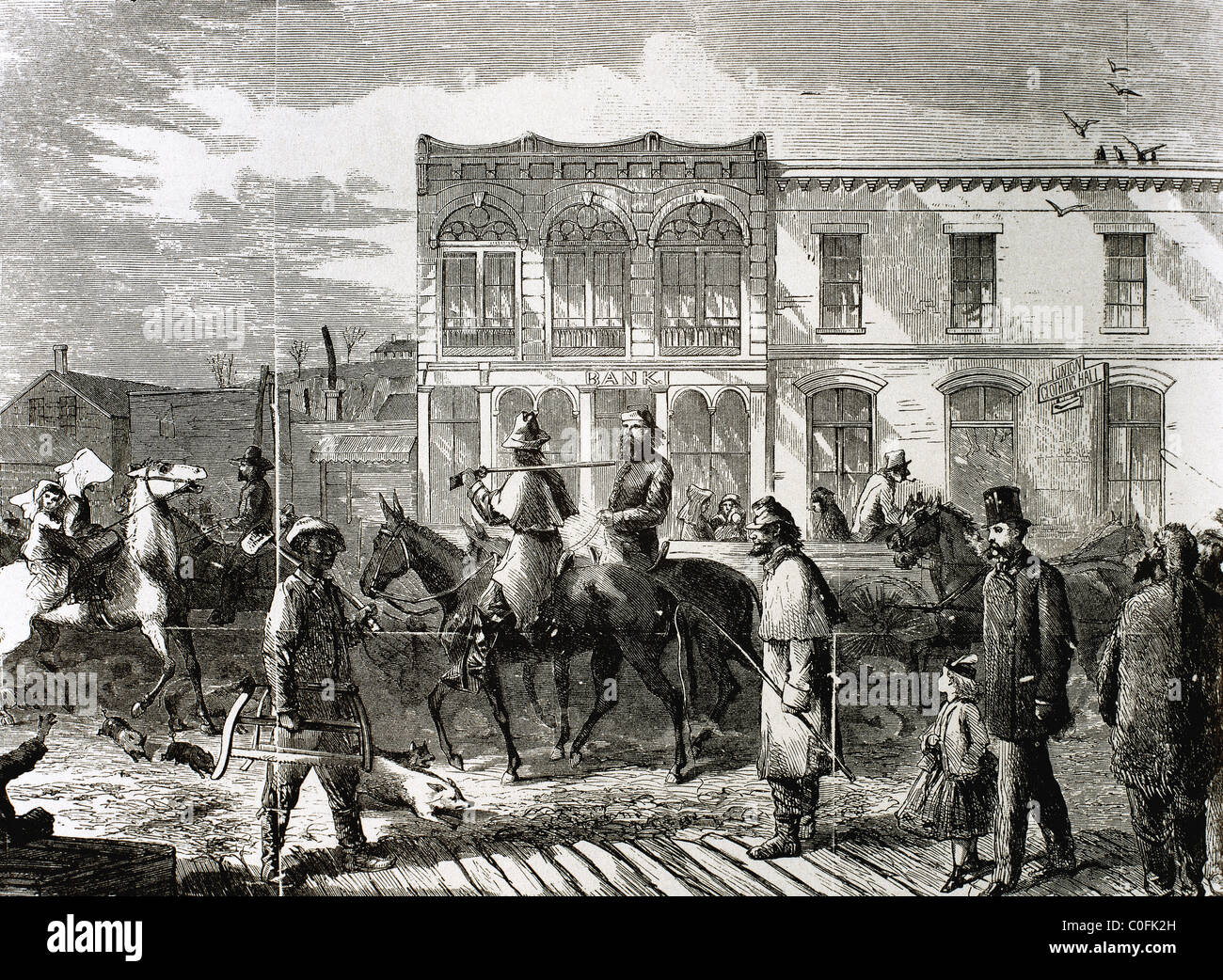 United States. 19e siècle. Atchinson City (Kansas) ans après la guerre civile américaine. Gravure de "Harper's Weekly" (1866). Banque D'Images