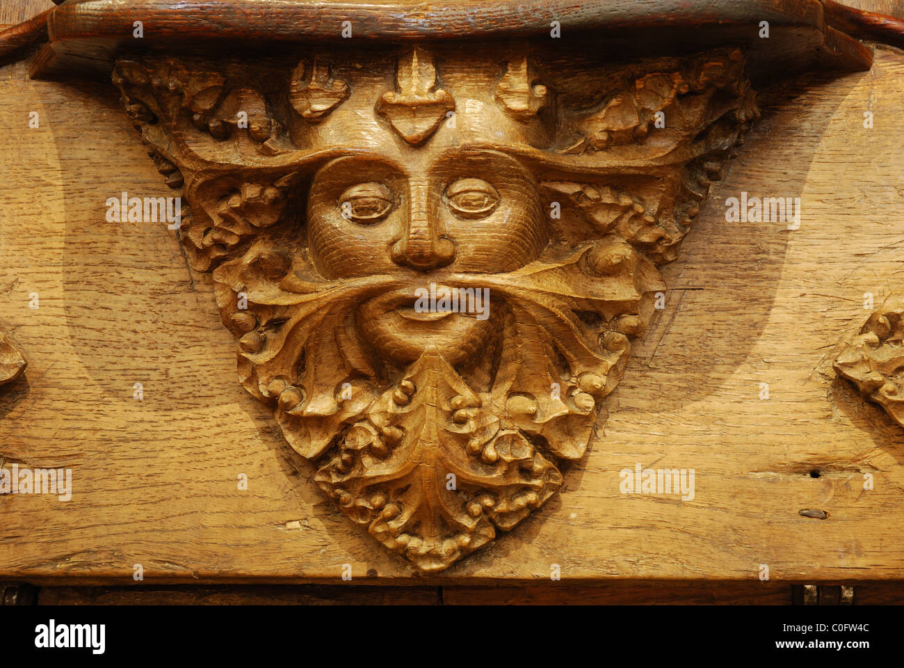 Green man misericord dans cathédrale de Norwich, Norfolk, UK Banque D'Images