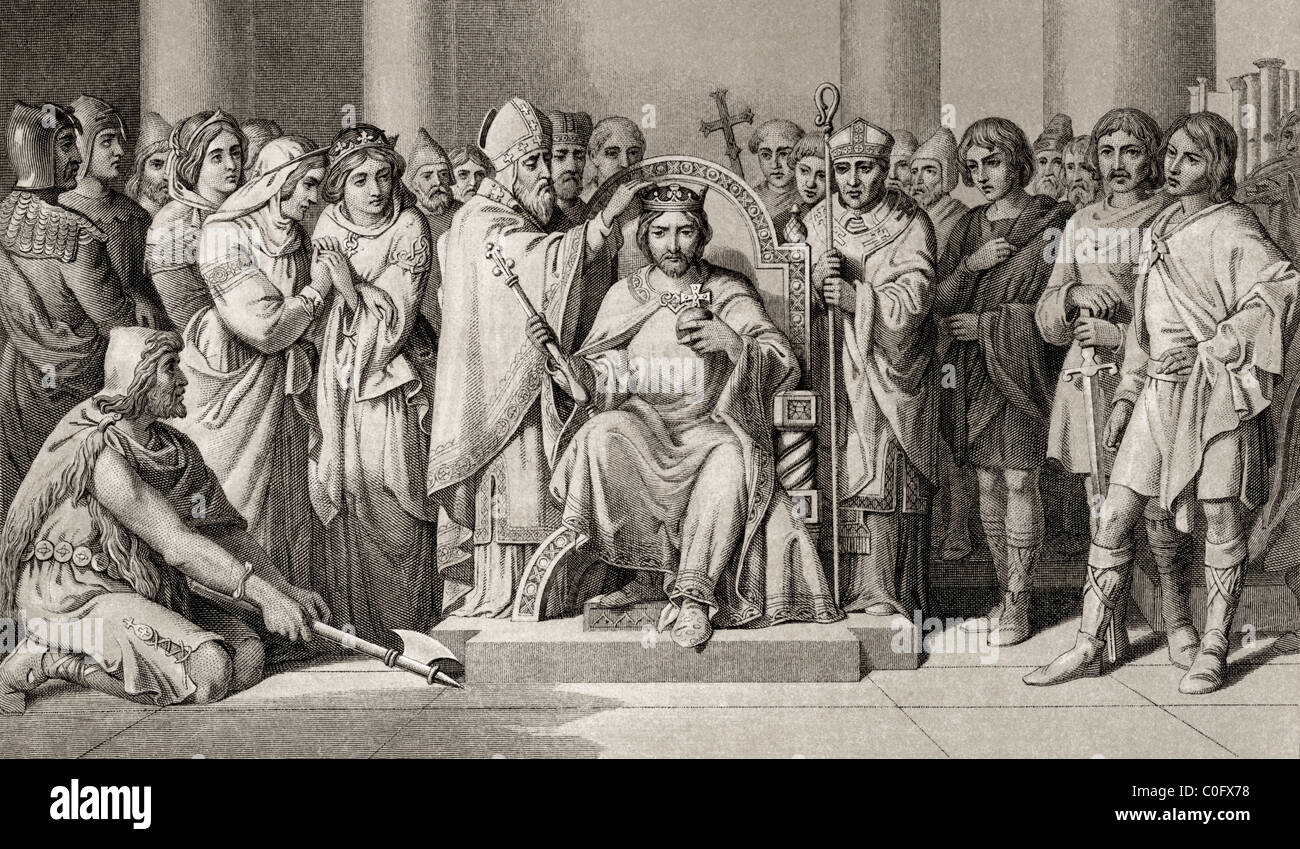 Couronnement de Harold, Roi de l'Anglo-saxons en l'an 1066. Harold Baar "Chez Boultan & fils" ou Harold II, ch. 1022 à 1066. Banque D'Images